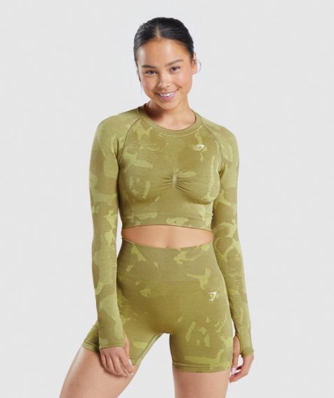 Women's Gymshark Adapt Camo Seamless Long Sleeve Cropped Tops Green | NZ 7YCSHV